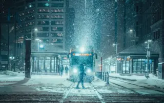 a tram in a wintery climate