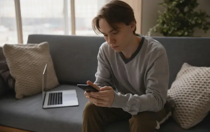 a young man with a phone demonstrating telecom loyalty